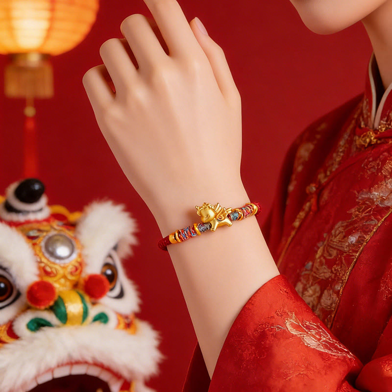 Braccialetto di protezione in corda intrecciata placcato oro con Buddha Stones Anno del Cavallo in argento sterling 999 - image 4