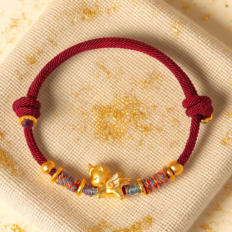 Braccialetto di protezione in corda intrecciata placcato oro con Buddha Stones Anno del Cavallo in argento sterling 999 - image 0