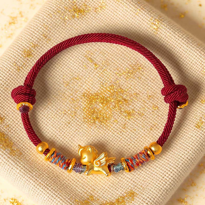 Braccialetto di protezione in corda intrecciata placcato oro con Buddha Stones Anno del Cavallo in argento sterling 999 - image 0