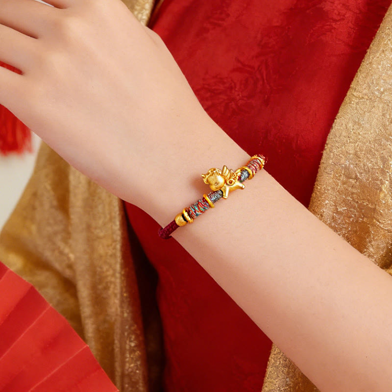 Braccialetto di protezione in corda intrecciata placcato oro con Buddha Stones Anno del Cavallo in argento sterling 999 - image 3