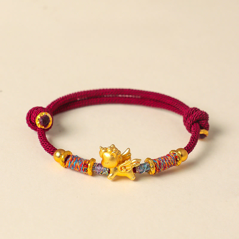 Braccialetto di protezione in corda intrecciata placcato oro con Buddha Stones Anno del Cavallo in argento sterling 999 - Corda rosso scuro (circonferenza del polso: 15-18 cm) - image 1