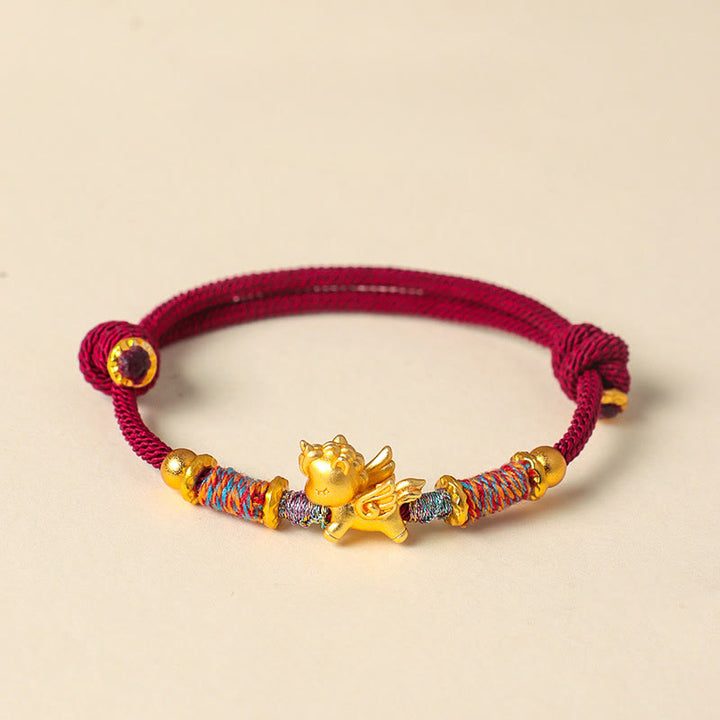 Braccialetto di protezione in corda intrecciata placcato oro con Buddha Stones Anno del Cavallo in argento sterling 999 - Corda rosso scuro (circonferenza del polso: 15-18 cm) - image 1