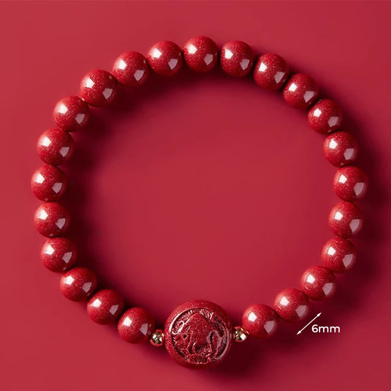 Braccialetto di benedizione pacifica in cinabro intagliato con Buddha Stones, zodiaco cinese, anno del cavallo - Bue da 6 mm - image 15