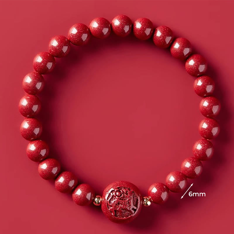 Braccialetto di benedizione pacifica in cinabro intagliato con Buddha Stones, zodiaco cinese, anno del cavallo - Tigre da 6 mm - image 16