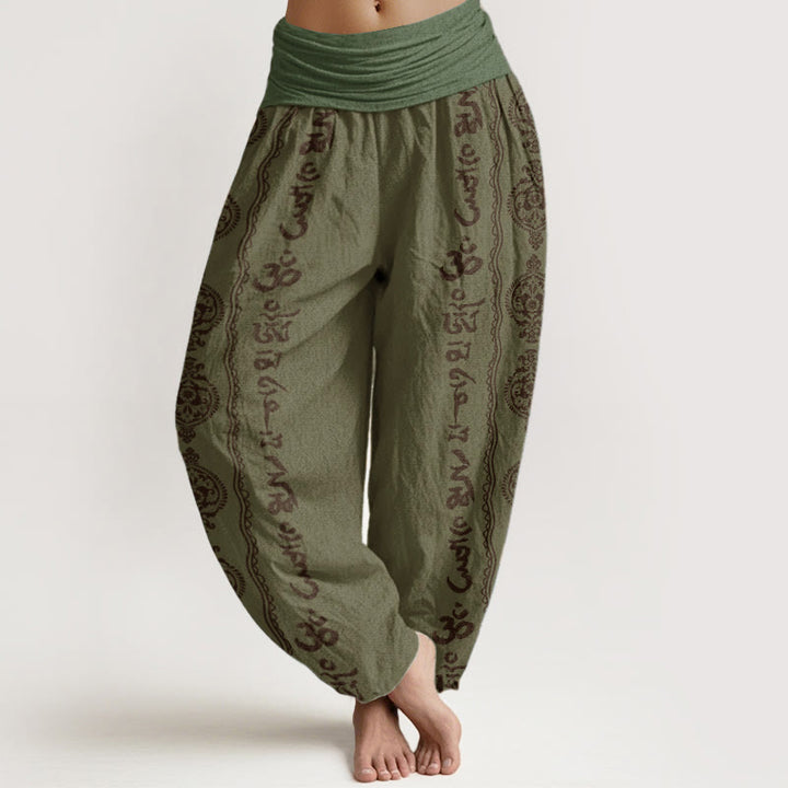 Pantaloni harem da donna con elastico in vita, in cotone, Buddha Stones e mandala Om Mani Padme Hum - Verde oliva scuro - US22, UK/AU26, EU54 (6XL) - image 4