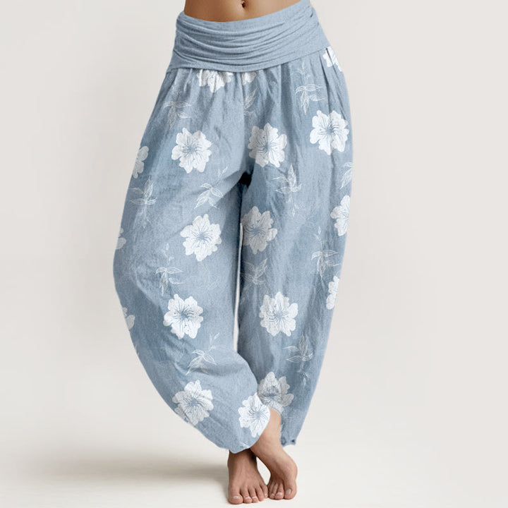 Pantaloni harem da donna con elastico in vita, in puro cotone, con fiori bianchi e pietre Buddha Stones - Azzurro cielo chiaro - US16, UK/AU20, EU48 (3XL) - image 0