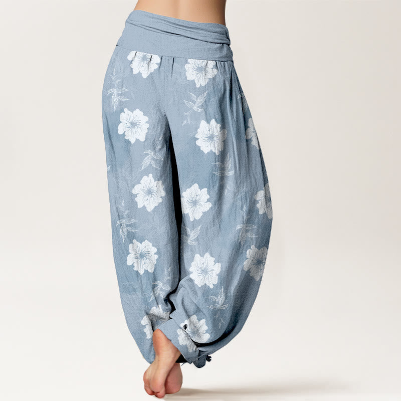 Pantaloni harem da donna con elastico in vita, in puro cotone, con fiori bianchi e pietre Buddha Stones - image 1