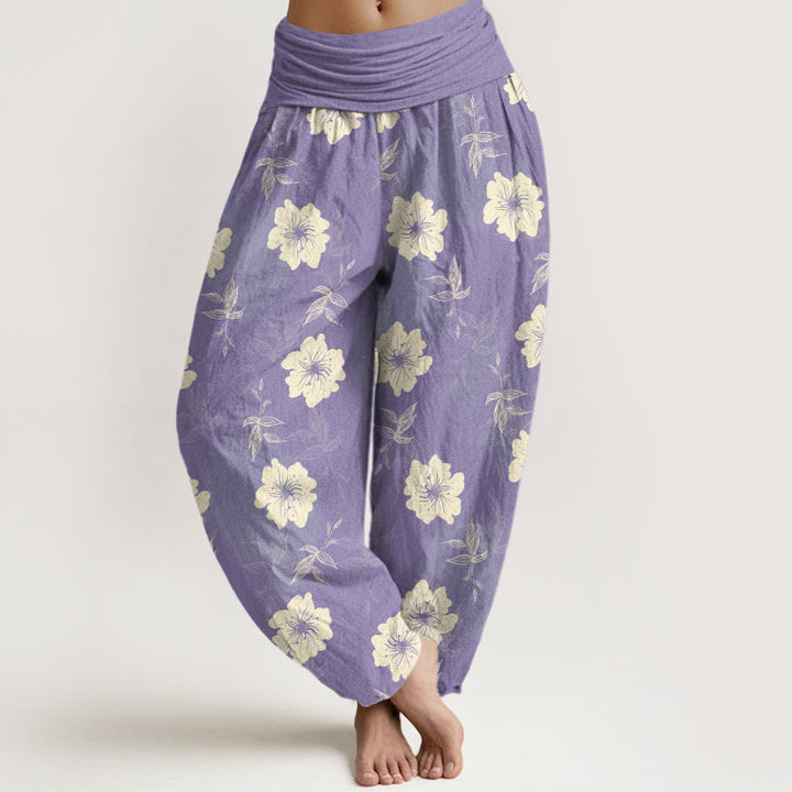 Pantaloni harem da donna con elastico in vita, in puro cotone, con fiori bianchi e pietre Buddha Stones - Prugna - US16, UK/AU20, EU48 (3XL) - image 5