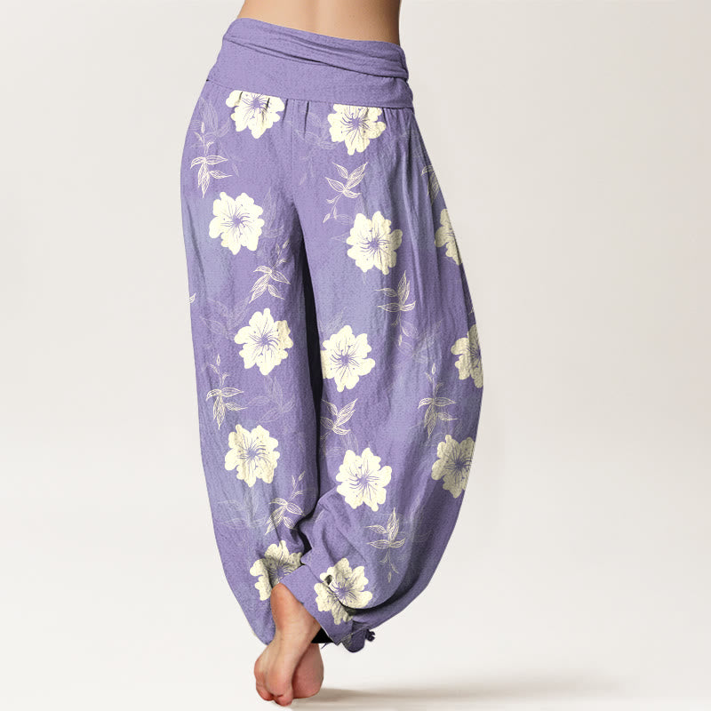 Pantaloni harem da donna con elastico in vita, in puro cotone, con fiori bianchi e pietre Buddha Stones - image 6