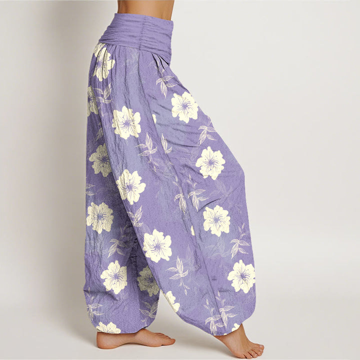 Pantaloni harem da donna con elastico in vita, in puro cotone, con fiori bianchi e pietre Buddha Stones - image 7