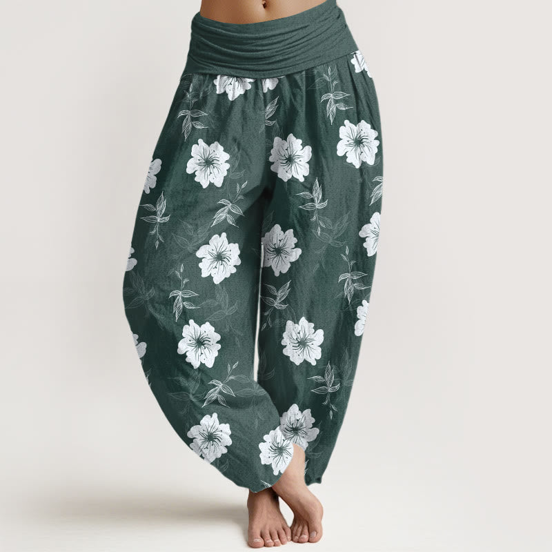 Pantaloni harem da donna con elastico in vita, in puro cotone, con fiori bianchi e pietre Buddha Stones - Verde mare - US16, UK/AU20, EU48 (3XL) - image 8