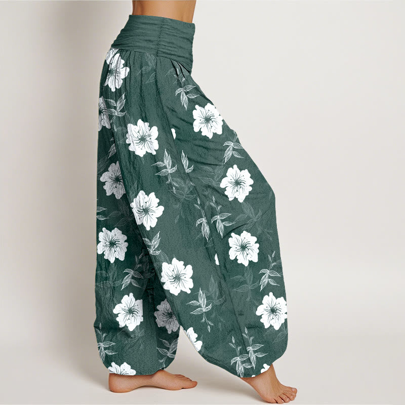 Pantaloni harem da donna con elastico in vita, in puro cotone, con fiori bianchi e pietre Buddha Stones - image 10