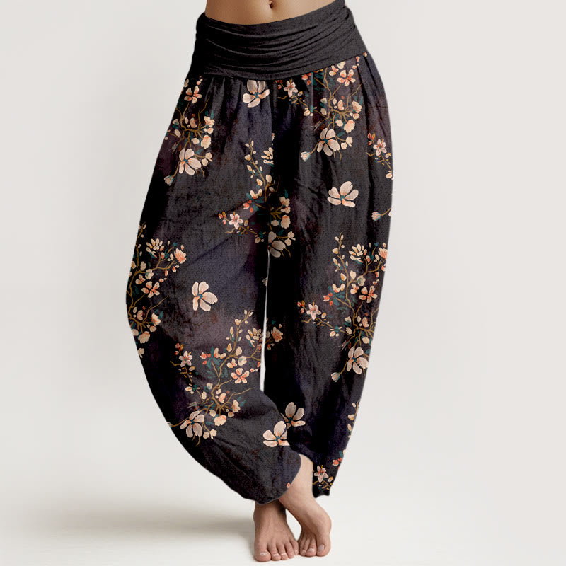 Pantaloni harem da donna con elastico in vita in puro cotone con motivo a fiori di ciliegio Buddha Stones - Nero - US16, UK/AU20, EU48 (3XL) - image 0