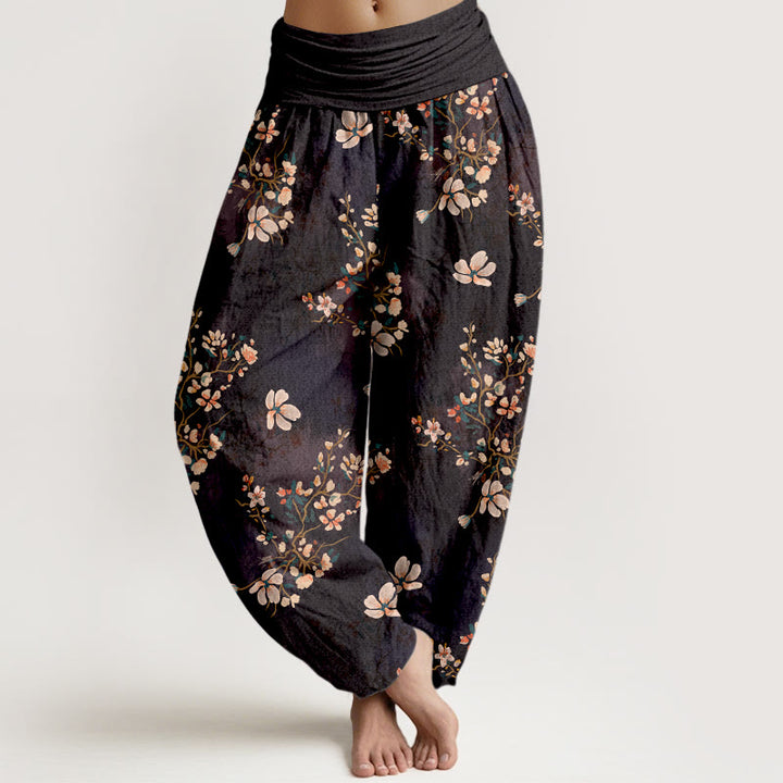 Pantaloni harem da donna con elastico in vita in puro cotone con motivo a fiori di ciliegio Buddha Stones - Nero - US16, UK/AU20, EU48 (3XL) - image 0