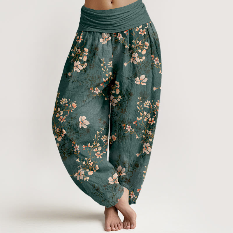 Pantaloni harem da donna con elastico in vita in puro cotone con motivo a fiori di ciliegio Buddha Stones - Verde acqua - US16, UK/AU20, EU48 (3XL) - image 8