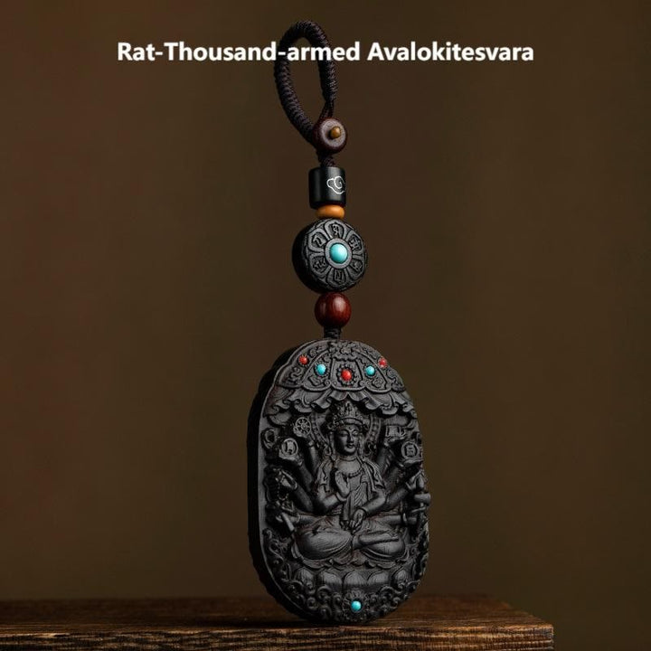 Buddha Stones Zodiaco cinese Buddha natale Anno del cavallo Om Mani Padme Hum Loto Ebano Benedizione Portachiavi - Avalokitesvara dalle mille braccia del ratto - image 20