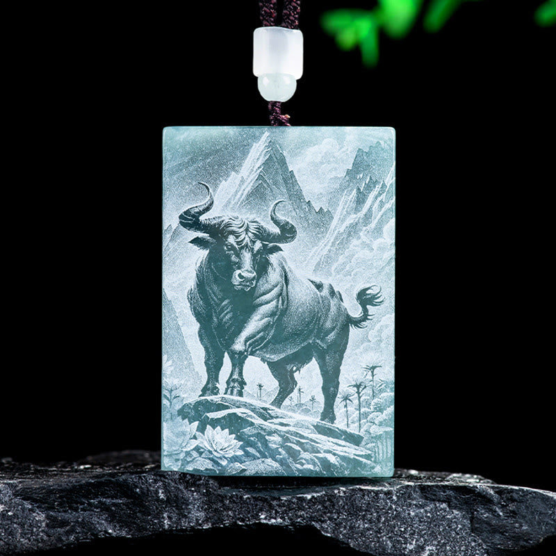 Buddha Stones Anno del Cavallo Zodiaco Cinese Incisione Giada Abbondanza Collana Pendenti - Bue - 60*40*4mm - image 8