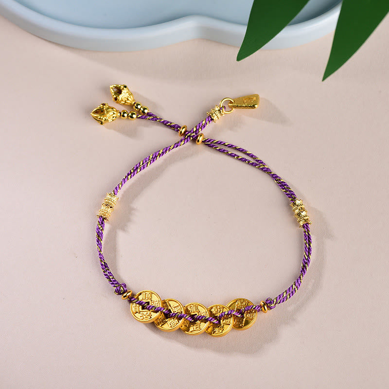 Braccialetto in corda intrecciata a mano con cinque Buddha Stones dell'imperatore e bilancia in rame  - Monete viola dei Cinque Imperatori (circonferenza del polso: 16-19 cm) - image 15