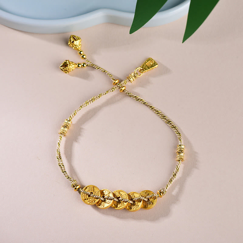 Braccialetto in corda intrecciata a mano con cinque Buddha Stones dell'imperatore e bilancia in rame  - Monete d'oro dei Cinque Imperatori (circonferenza del polso: 16-19 cm) - image 14