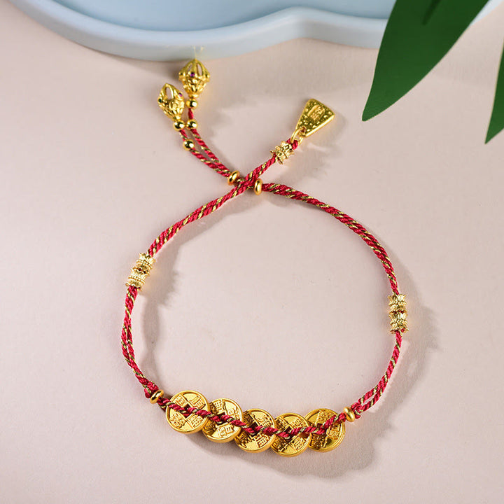 Braccialetto in corda intrecciata a mano con cinque Buddha Stones dell'imperatore e bilancia in rame  - image 2