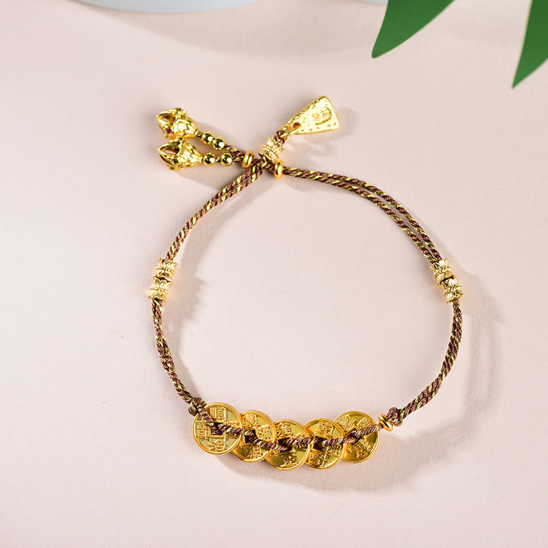 Braccialetto in corda intrecciata a mano con cinque Buddha Stones dell'imperatore e bilancia in rame  - Monete marroni dei Cinque Imperatori (circonferenza del polso: 16-19 cm) - image 16