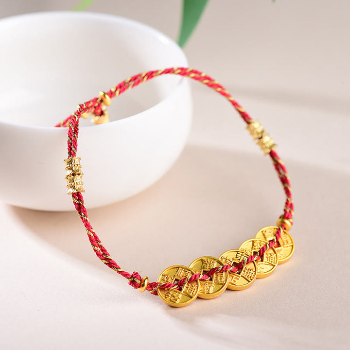 Braccialetto in corda intrecciata a mano con cinque Buddha Stones dell'imperatore e bilancia in rame  - image 1