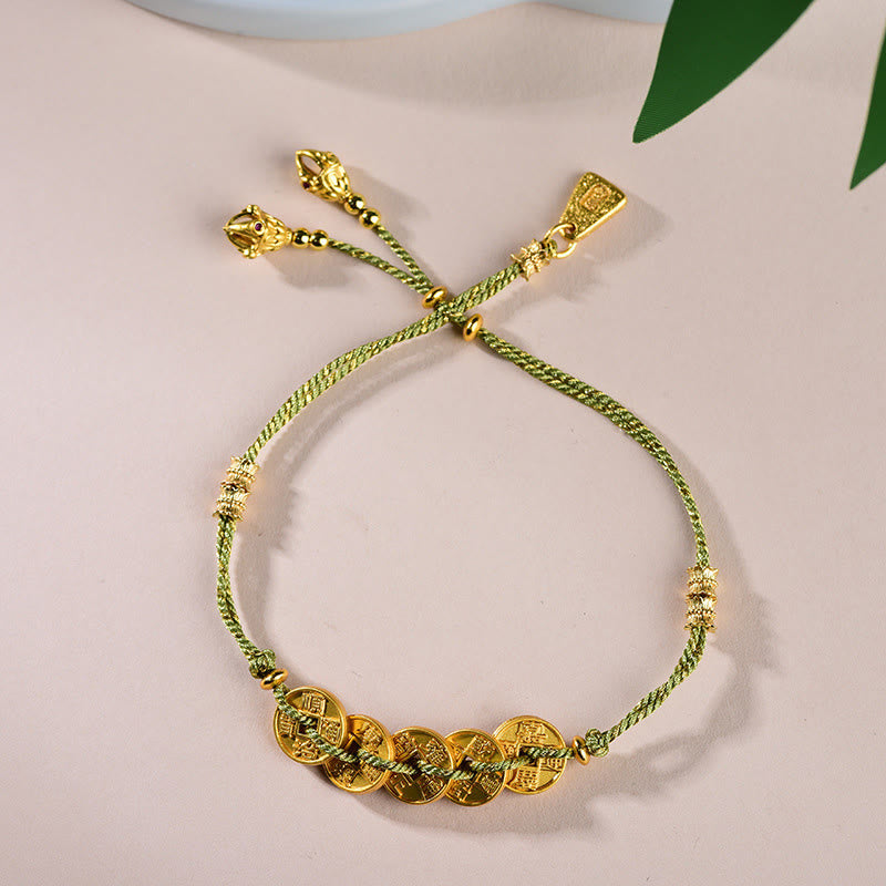 Braccialetto in corda intrecciata a mano con cinque Buddha Stones dell'imperatore e bilancia in rame  - Monete verdi dei Cinque Imperatori (circonferenza del polso: 16-19 cm) - image 13