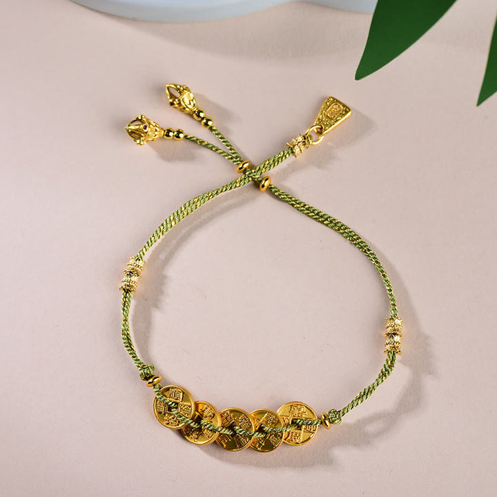 Braccialetto in corda intrecciata a mano con cinque Buddha Stones dell'imperatore e bilancia in rame  - Monete verdi dei Cinque Imperatori (circonferenza del polso: 16-19 cm) - image 13