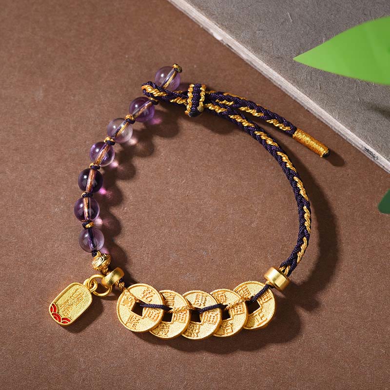 Buddha Stones, monete dei cinque imperatori, rame, ametista, cinabro, corda nera e rossa, braccialetto per l'equilibrio e l'attrazione della fortuna - Bracciale in rame, ametista e corda nera (circonferenza del polso: 16-19 cm) - image 12