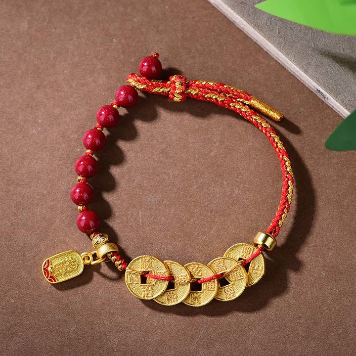 Buddha Stones, monete dei cinque imperatori, rame, ametista, cinabro, corda nera e rossa, braccialetto per l'equilibrio e l'attrazione della fortuna - Corda rossa di rame e cinabro (circonferenza del polso: 16-19 cm) - image 15