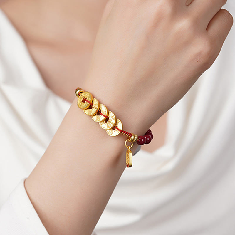 Buddha Stones, monete dei cinque imperatori, rame, ametista, cinabro, corda nera e rossa, braccialetto per l'equilibrio e l'attrazione della fortuna - image 3