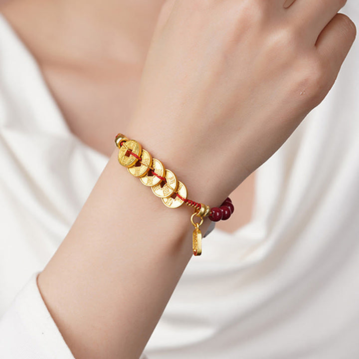 Buddha Stones, monete dei cinque imperatori, rame, ametista, cinabro, corda nera e rossa, braccialetto per l'equilibrio e l'attrazione della fortuna - image 3