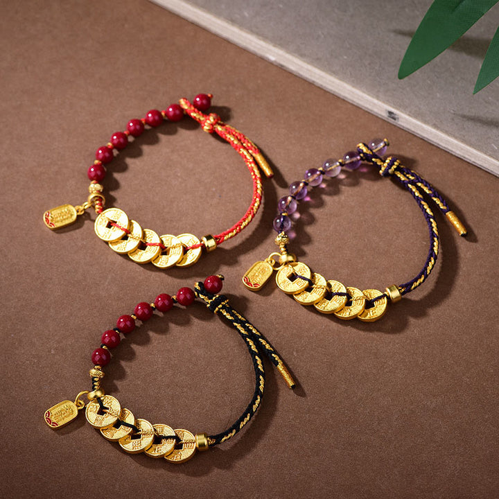 Buddha Stones, monete dei cinque imperatori, rame, ametista, cinabro, corda nera e rossa, braccialetto per l'equilibrio e l'attrazione della fortuna - image 23