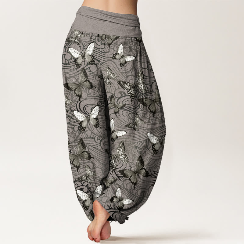 Pantaloni harem da donna con elastico in vita, a righe, grigi e neri, in puro cotone, con motivo a farfalla , Buddha Stones - image 1