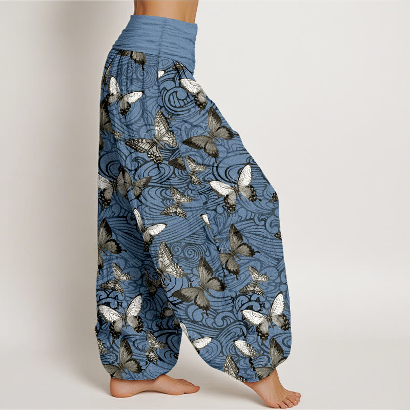 Pantaloni harem da donna con elastico in vita, a righe, grigi e neri, in puro cotone, con motivo a farfalla , Buddha Stones - image 7