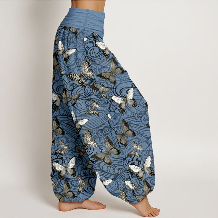 Pantaloni harem da donna con elastico in vita, a righe, grigi e neri, in puro cotone, con motivo a farfalla , Buddha Stones - image 7