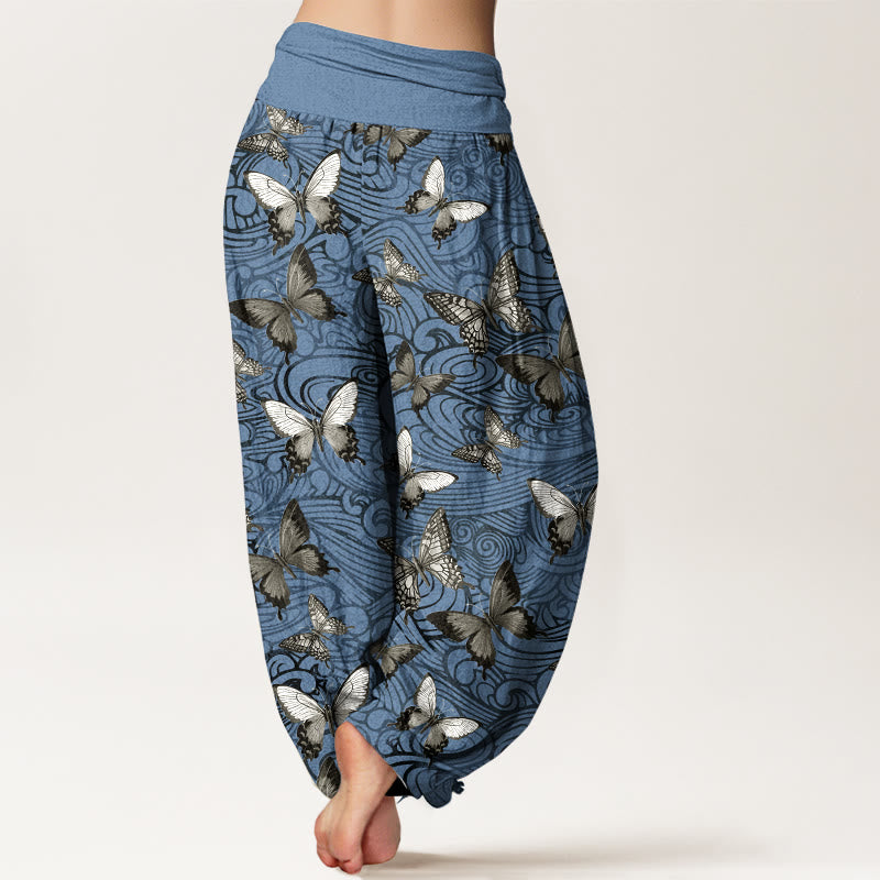 Pantaloni harem da donna con elastico in vita, a righe, grigi e neri, in puro cotone, con motivo a farfalla , Buddha Stones - image 6
