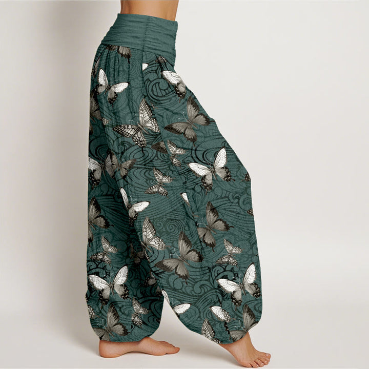 Pantaloni harem da donna con elastico in vita, a righe, grigi e neri, in puro cotone, con motivo a farfalla , Buddha Stones - image 10
