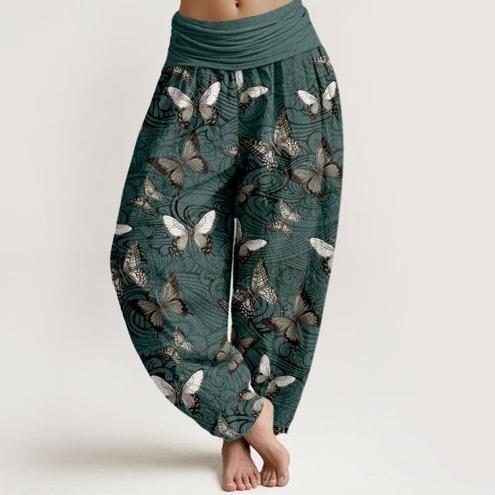 Pantaloni harem da donna con elastico in vita, a righe, grigi e neri, in puro cotone, con motivo a farfalla , Buddha Stones - Ciano scuro - US16, UK/AU20, EU48 (3XL) - image 8