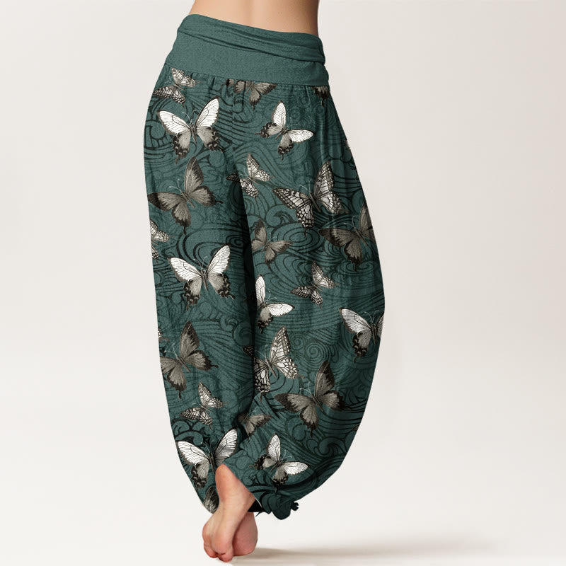 Pantaloni harem da donna con elastico in vita, a righe, grigi e neri, in puro cotone, con motivo a farfalla , Buddha Stones - image 9
