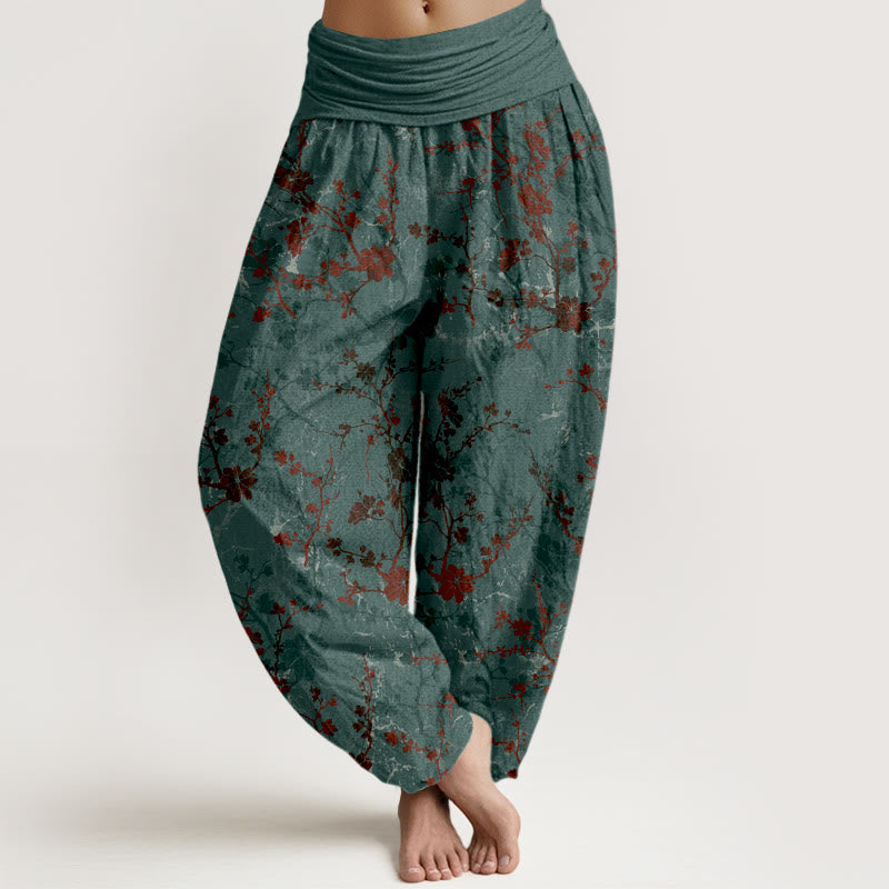 Pantaloni harem da donna con elastico in vita, in puro cotone, Buddha Stones, fiori che sbocciano, rami e foglie - Cadetto Blu - US16, UK/AU20, EU48 (3XL) - image 0