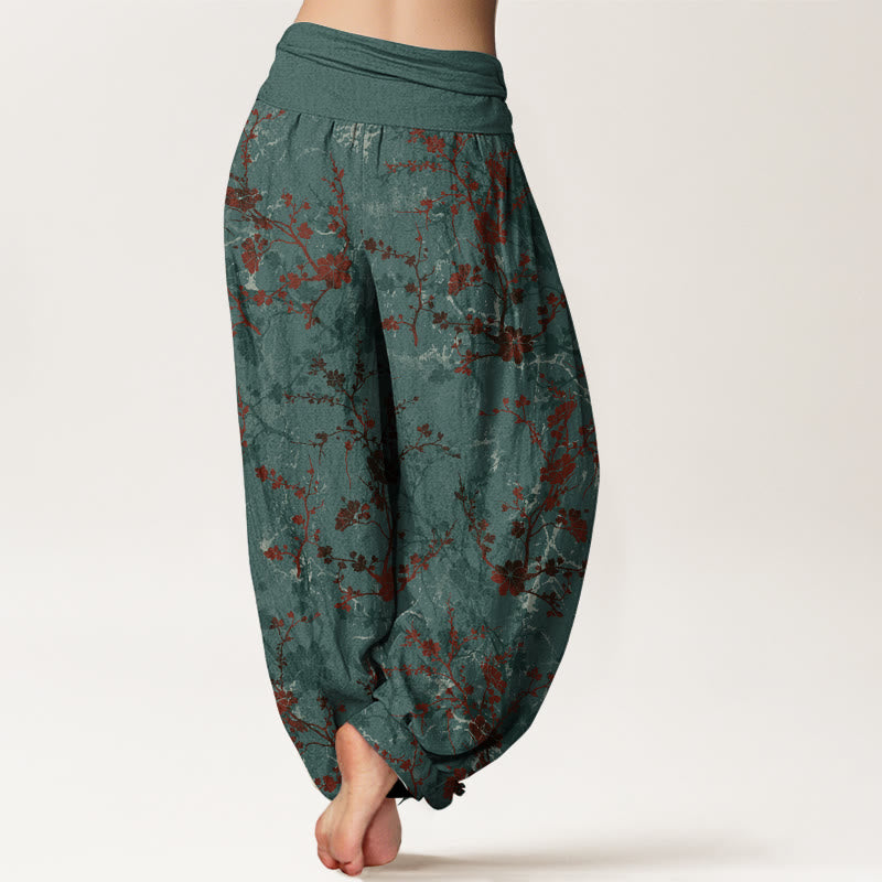 Pantaloni harem da donna con elastico in vita, in puro cotone, Buddha Stones, fiori che sbocciano, rami e foglie - image 1