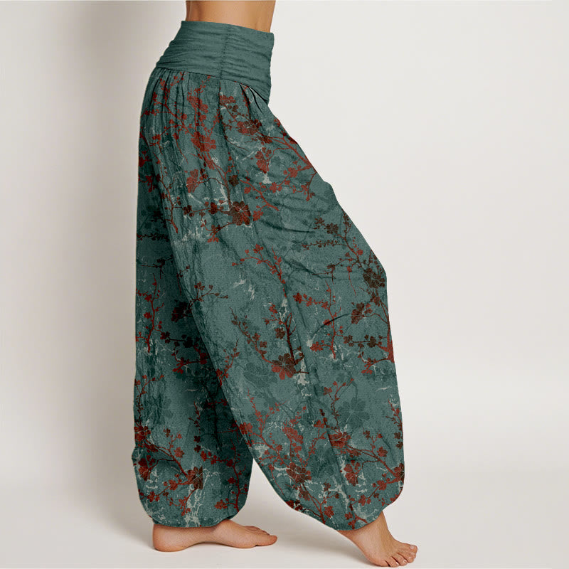 Pantaloni harem da donna con elastico in vita, in puro cotone, Buddha Stones, fiori che sbocciano, rami e foglie - image 2