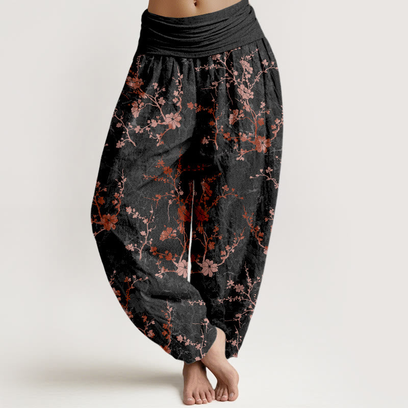 Pantaloni harem da donna con elastico in vita, in puro cotone, Buddha Stones, fiori che sbocciano, rami e foglie - Nero - US16, UK/AU20, EU48 (3XL) - image 5