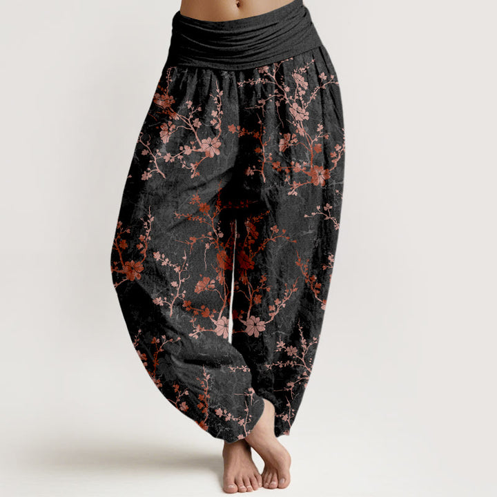 Pantaloni harem da donna con elastico in vita, in puro cotone, Buddha Stones, fiori che sbocciano, rami e foglie - Nero - US16, UK/AU20, EU48 (3XL) - image 5