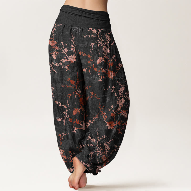Pantaloni harem da donna con elastico in vita, in puro cotone, Buddha Stones, fiori che sbocciano, rami e foglie - image 6