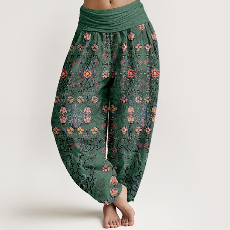 Pantaloni harem da donna con elastico in vita, in puro cotone, con motivo floreale multicolore Buddha Stones - Verdemare medio - US16, UK/AU20, EU48 (3XL) - image 0