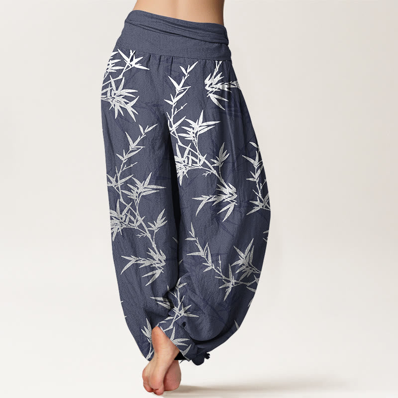 Pantaloni harem da donna con elastico in vita e foglie di bambù bianche in puro cotone Buddha Stones - image 6