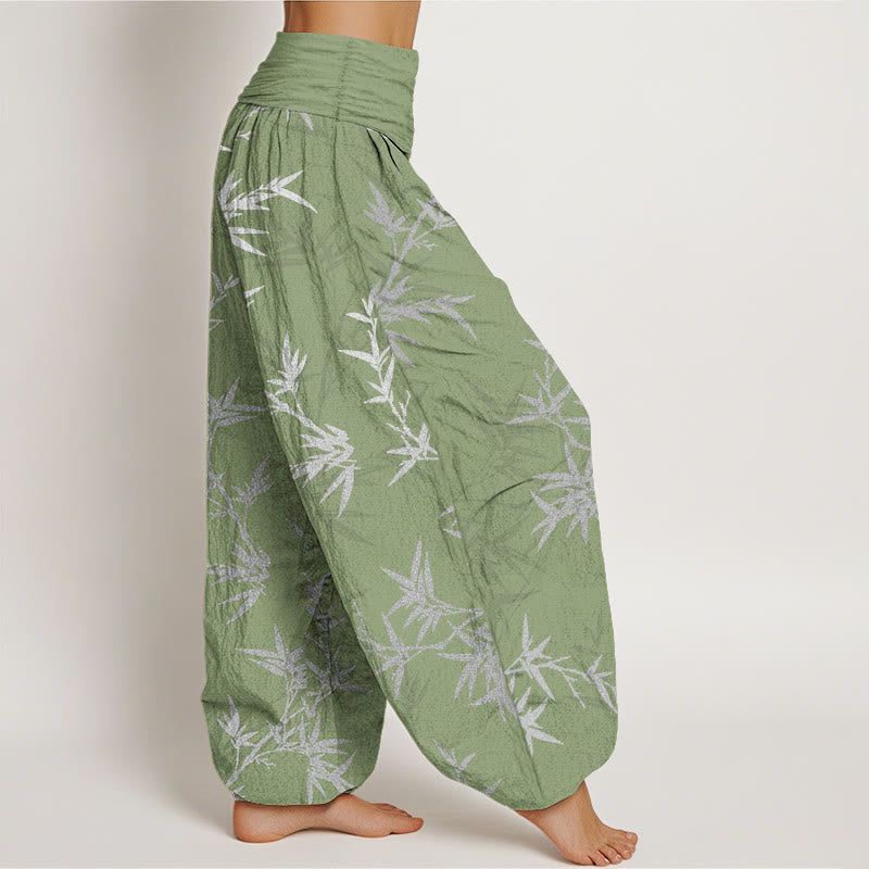 Pantaloni harem da donna con elastico in vita e foglie di bambù bianche in puro cotone Buddha Stones - image 10