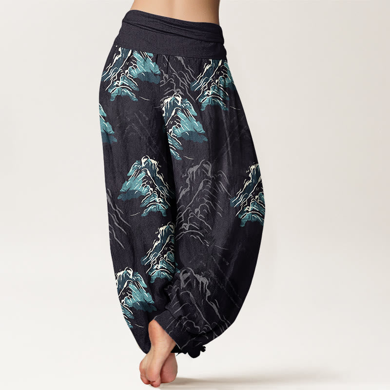 Pantaloni harem da donna con elastico in vita, in puro cotone, con montagne verde smeraldo vivaci, Buddha Stones - image 1
